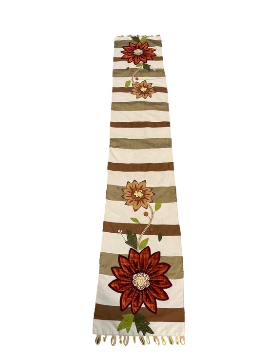 Pier 1 Other - Pier 1 Striped Floral Table Runner in Brown green orange and Cream beads embroid